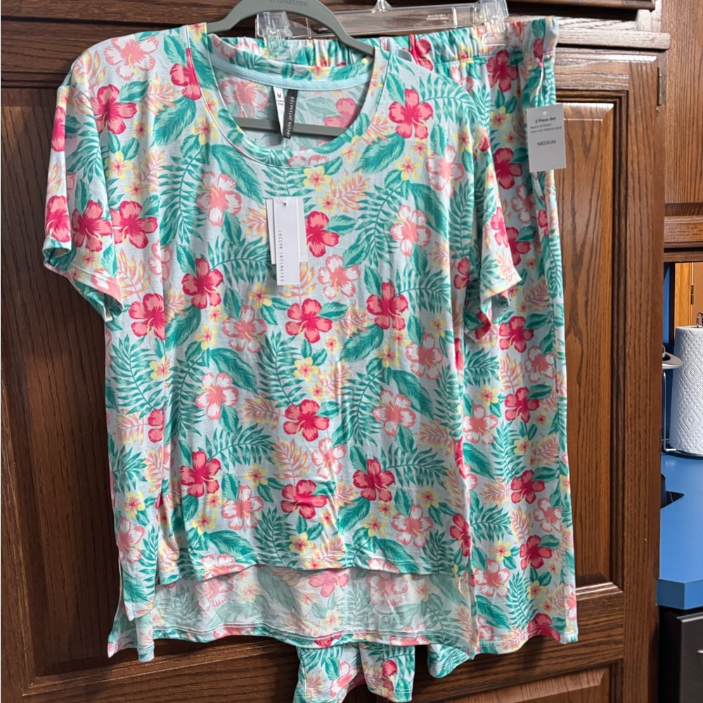 Pink and Green Relaxed Tie Front Short Sleeve Pajama Top & Bottom Set